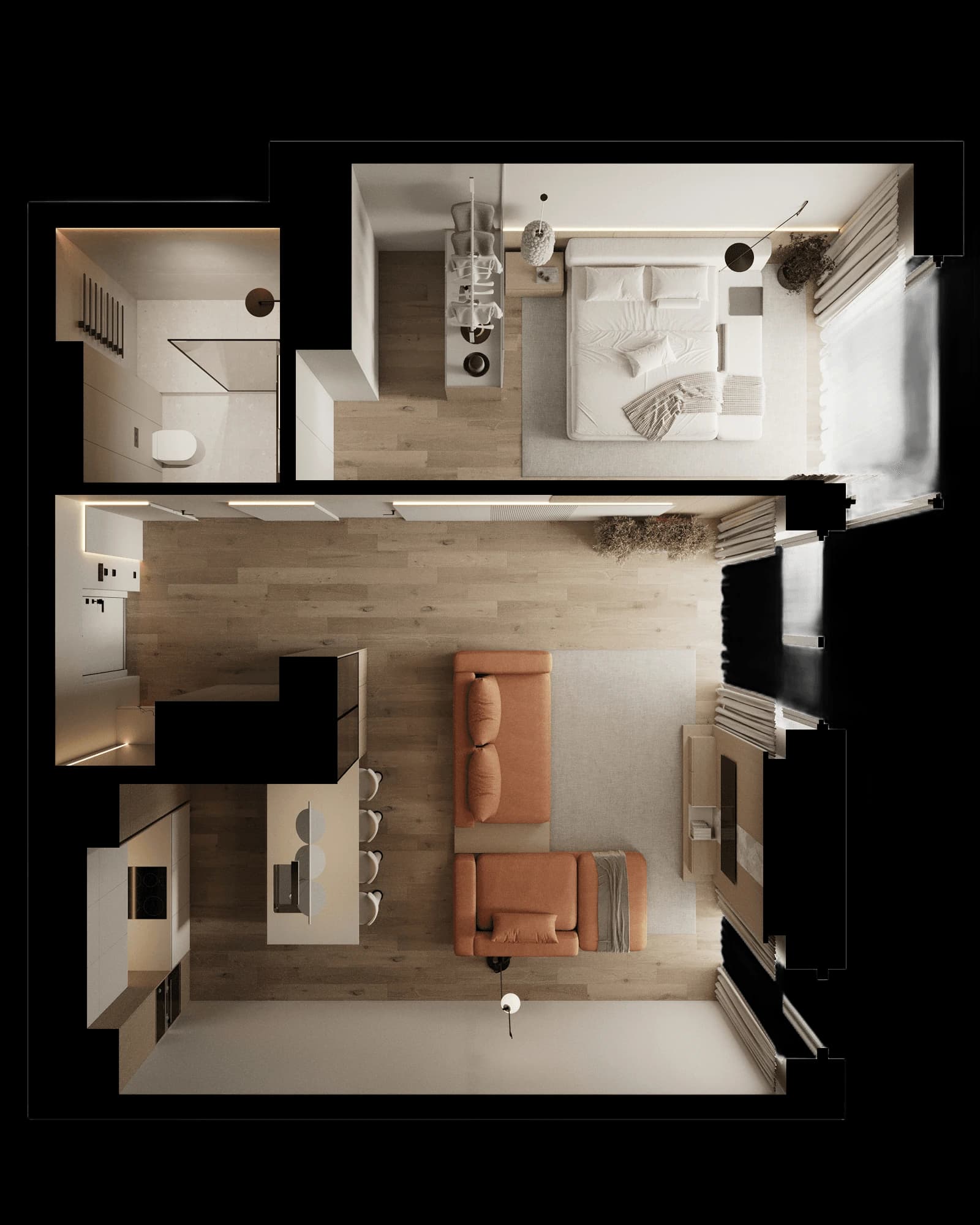 Планування квартири: 1-кімнатна, 43,63–67,03 м²