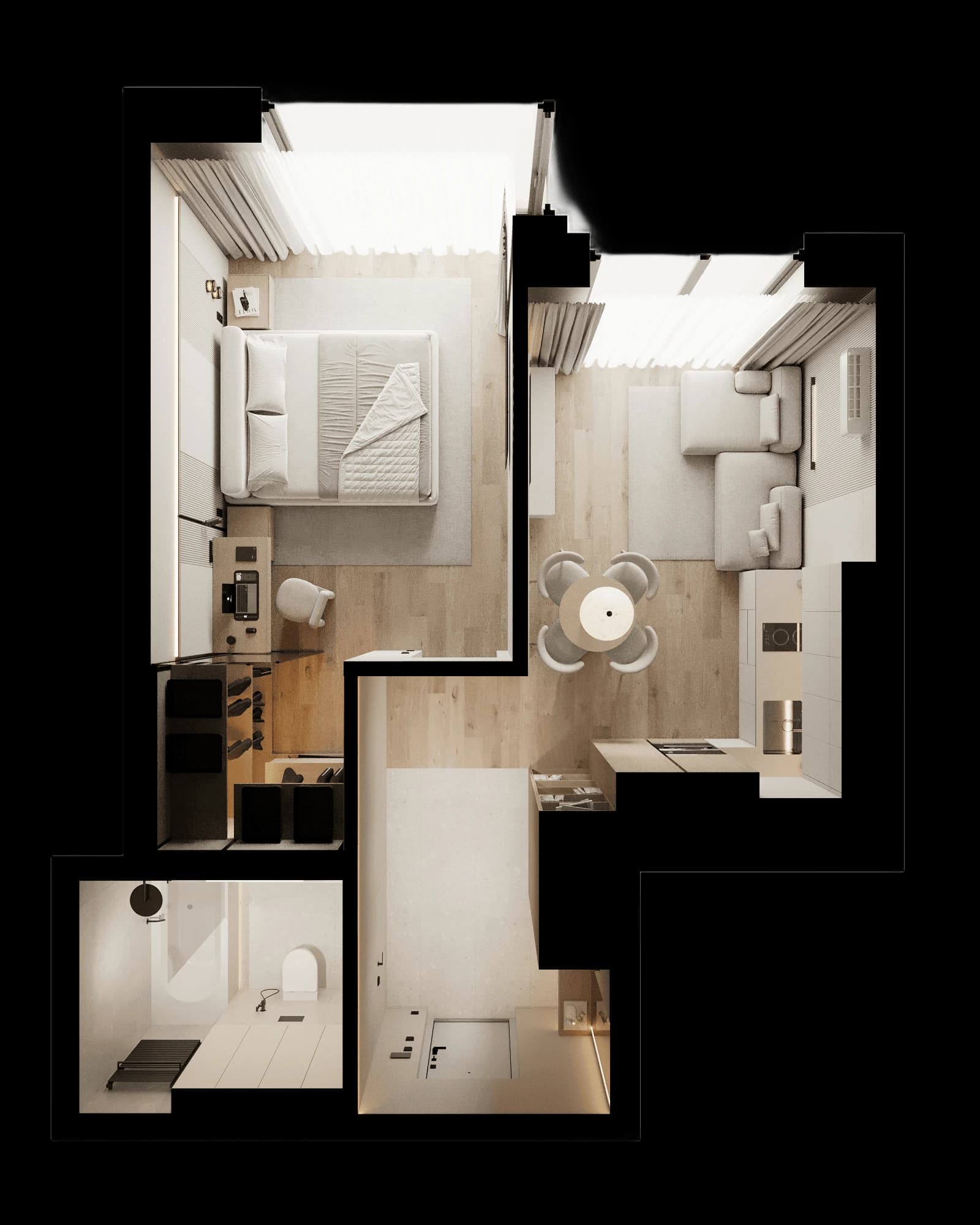 Планування квартири: 1-кімнатна, 41,61–56,96 м²